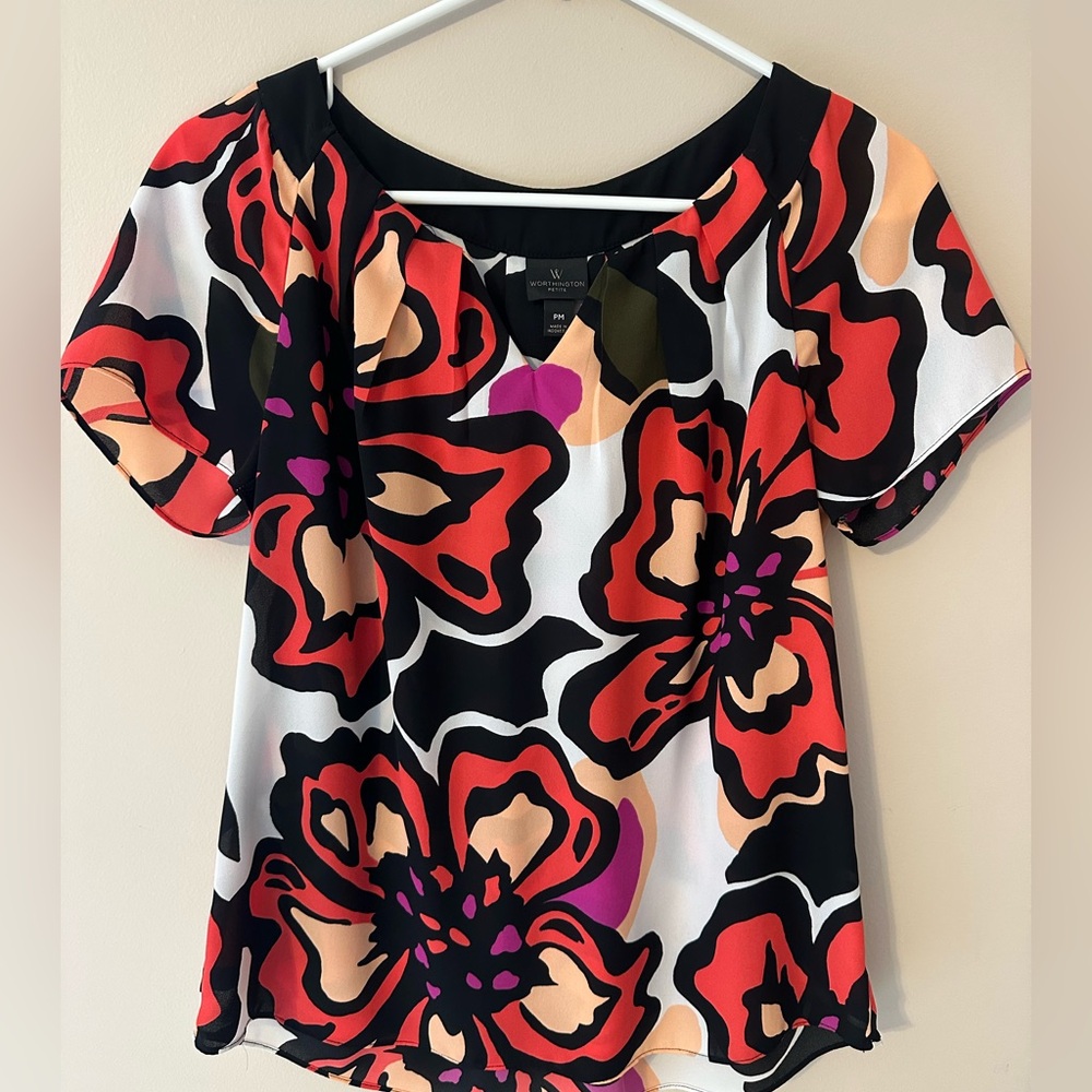 Worthington Bold Floral Blouse - Red, Black, Orange